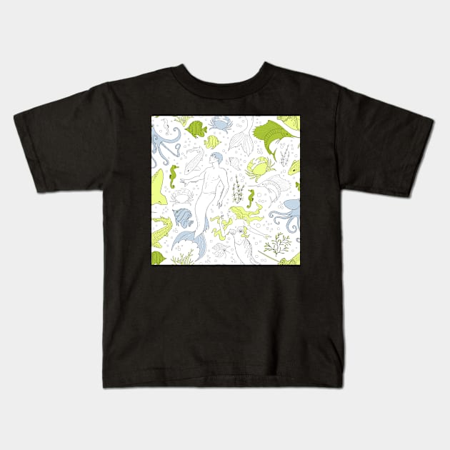 under the sea - white green seamless pattern Kids T-Shirt by kobyakov